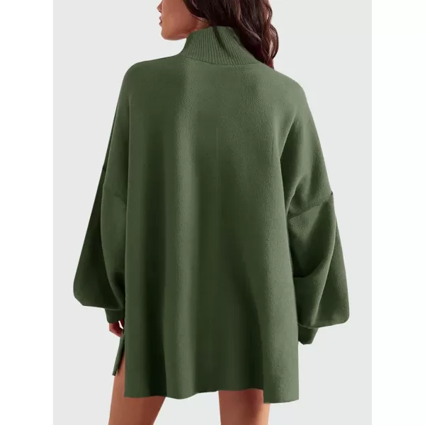 imageSaodimallsu Womens Turtleneck Oversized Sweaters Puff Sleeve Side Slit Casual Knit Tunic Pullover TopsArmy Green