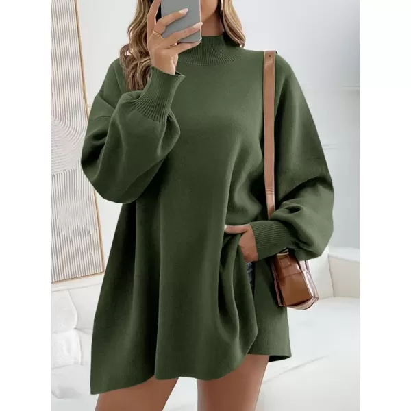 imageSaodimallsu Womens Turtleneck Oversized Sweaters Puff Sleeve Side Slit Casual Knit Tunic Pullover TopsArmy Green