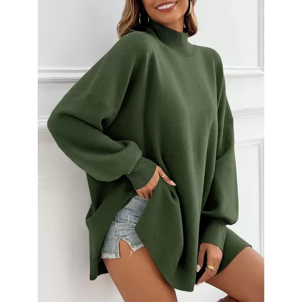 imageSaodimallsu Womens Turtleneck Oversized Sweaters Puff Sleeve Side Slit Casual Knit Tunic Pullover TopsArmy Green