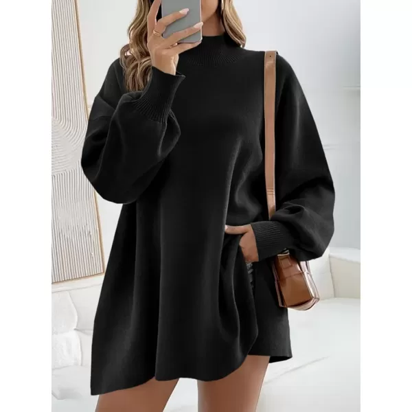 imageSaodimallsu Womens Turtleneck Oversized Sweaters Puff Sleeve Side Slit Casual Knit Tunic Pullover TopsBlack