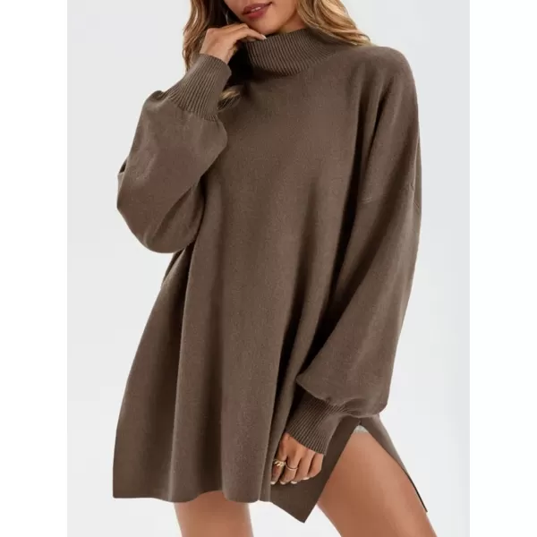 imageSaodimallsu Womens Turtleneck Oversized Sweaters Puff Sleeve Side Slit Casual Knit Tunic Pullover TopsCoffee