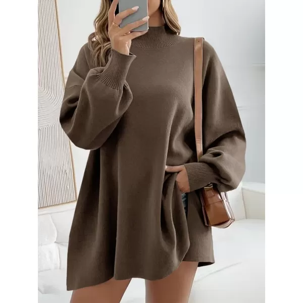 imageSaodimallsu Womens Turtleneck Oversized Sweaters Puff Sleeve Side Slit Casual Knit Tunic Pullover TopsCoffee