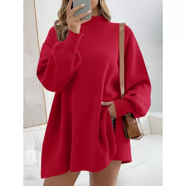 imageSaodimallsu Womens Turtleneck Oversized Sweaters Puff Sleeve Side Slit Casual Knit Tunic Pullover TopsRed