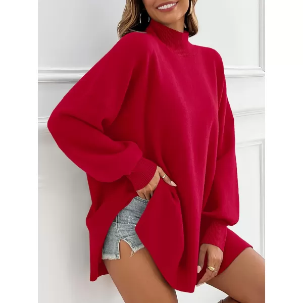 imageSaodimallsu Womens Turtleneck Oversized Sweaters Puff Sleeve Side Slit Casual Knit Tunic Pullover TopsRed