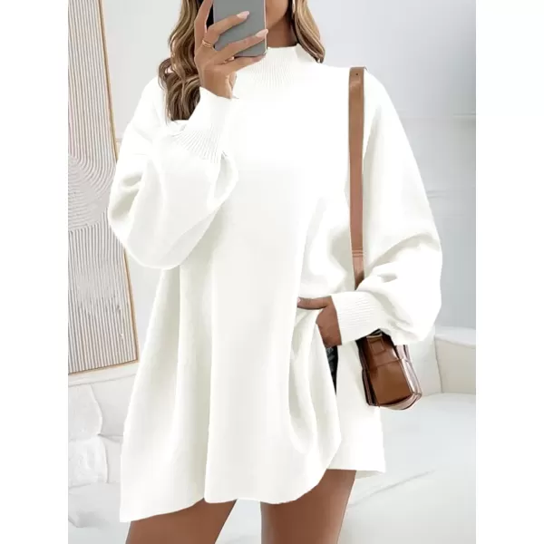 imageSaodimallsu Womens Turtleneck Oversized Sweaters Puff Sleeve Side Slit Casual Knit Tunic Pullover TopsWhite