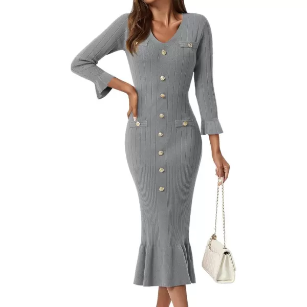 imageSaodimallsu Womens Bodycon Fall Winter Sweater Dress V Neck 34 Sleeve Button Ruffle Ribbed Knit Midi DressesGrey