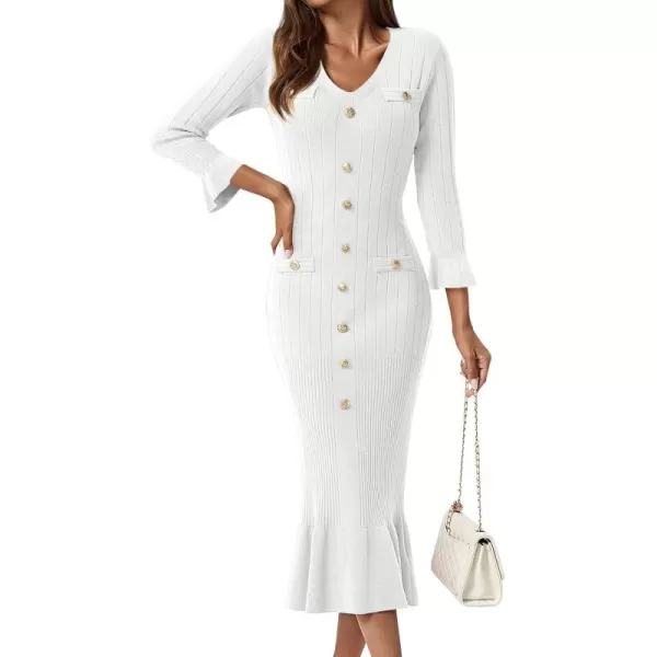 imageSaodimallsu Womens Bodycon Fall Winter Sweater Dress V Neck 34 Sleeve Button Ruffle Ribbed Knit Midi DressesWhite