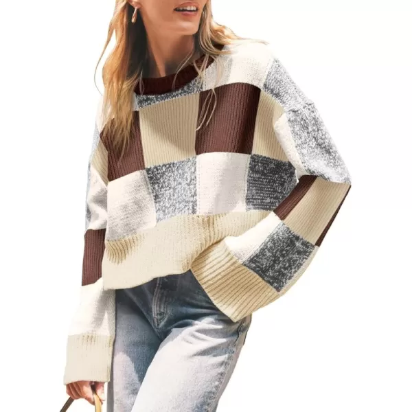 imageSaodimallsu Womens Checkered Sweater Cropped Oversized Trendy Fall Crew Neck Color Block Pullover SweatersBrown