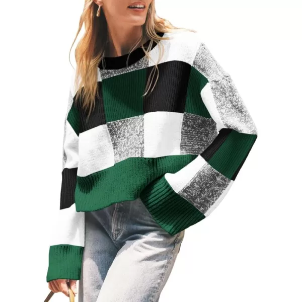 imageSaodimallsu Womens Checkered Sweater Cropped Oversized Trendy Fall Crew Neck Color Block Pullover SweatersGreen