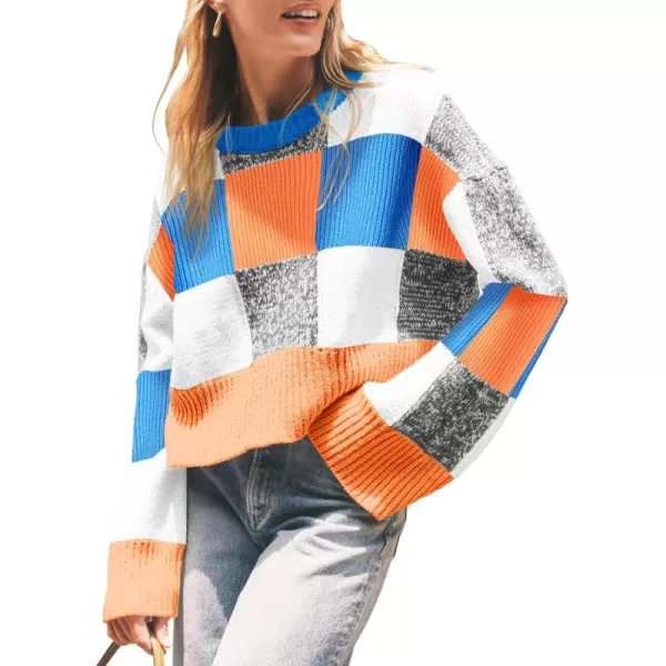 imageSaodimallsu Womens Checkered Sweater Cropped Oversized Trendy Fall Crew Neck Color Block Pullover SweatersOrange