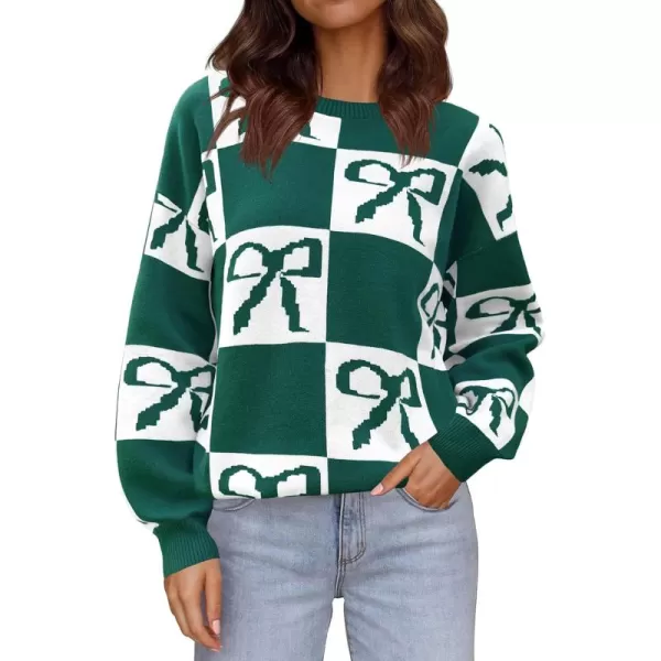 imageSaodimallsu Womens Color Block Bow Sweater Oversized Crewneck Long Sleeve Knit Warm Pullover TopsGreen