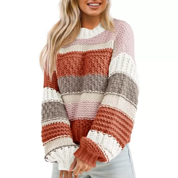 imageSaodimallsu Womens Color Block Sweater Striped Chunky Knit Cropped Sweaters Crewneck Fall Long Sleeve Loose Pullover TopsBrown