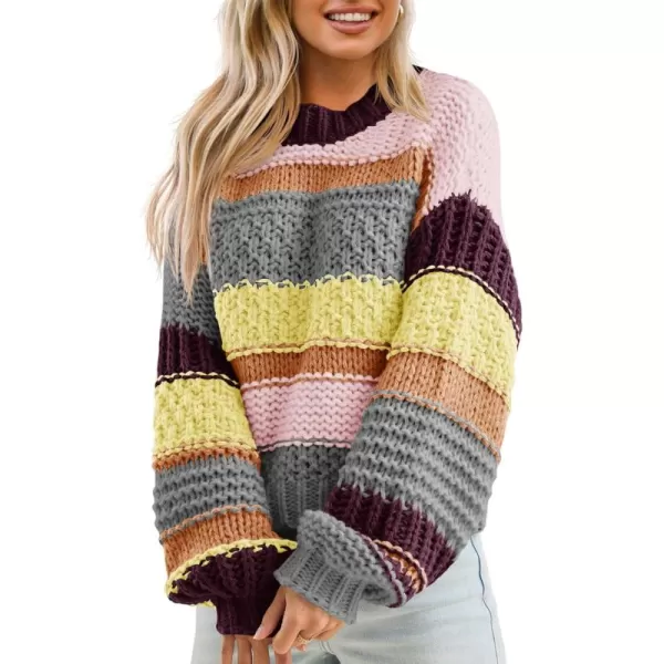 imageSaodimallsu Womens Color Block Sweater Striped Chunky Knit Cropped Sweaters Crewneck Fall Long Sleeve Loose Pullover TopsGray