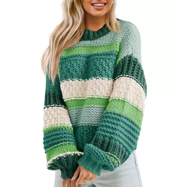 imageSaodimallsu Womens Color Block Sweater Striped Chunky Knit Cropped Sweaters Crewneck Fall Long Sleeve Loose Pullover TopsGreen