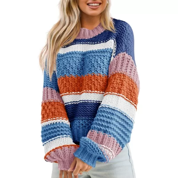 imageSaodimallsu Womens Color Block Sweater Striped Chunky Knit Cropped Sweaters Crewneck Fall Long Sleeve Loose Pullover TopsNavy