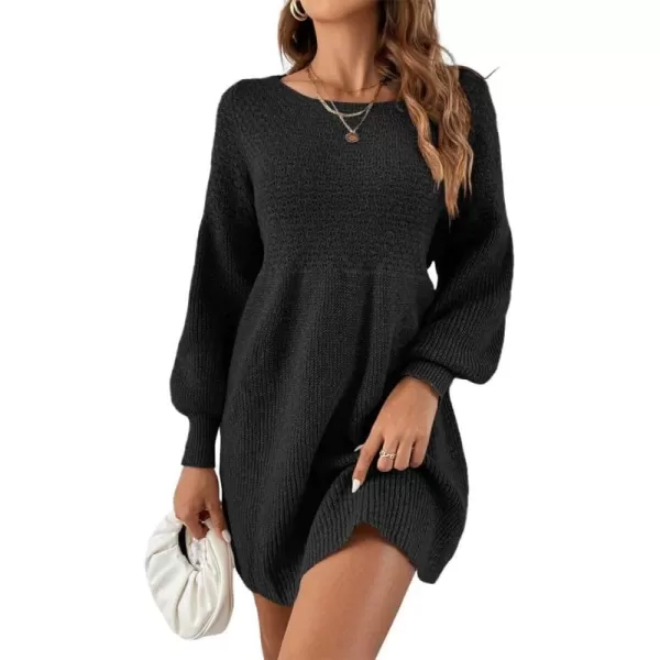 imageSaodimallsu Womens Crew Neck Mini Sweater Dress Lantern Sleeve High Waisted Rib Knit Dresses Cozy Pullover Long SweatersBlack