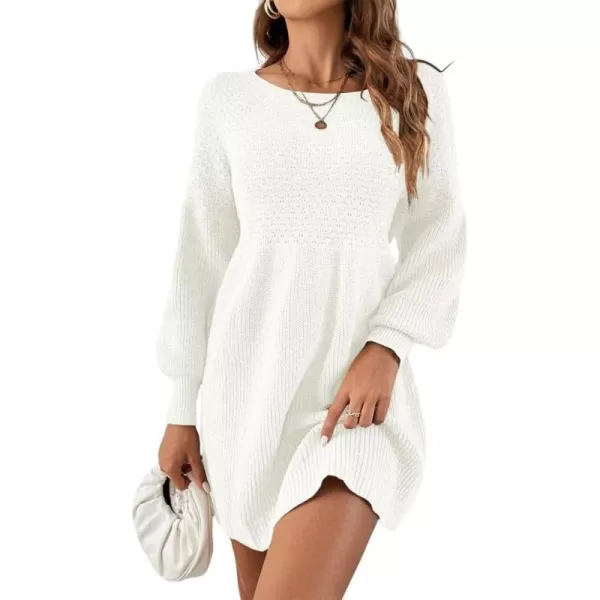 imageSaodimallsu Womens Crew Neck Mini Sweater Dress Lantern Sleeve High Waisted Rib Knit Dresses Cozy Pullover Long SweatersWhite