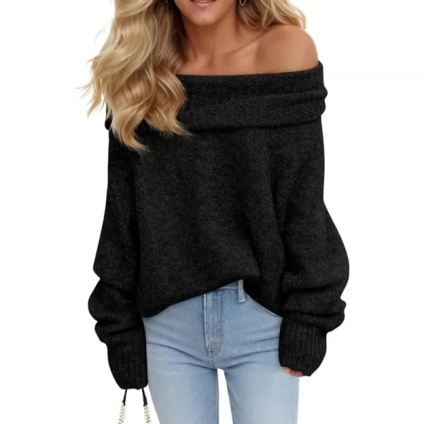 imageSaodimallsu Womens Off The Shoulder Sweaters Long Sleeve Slouchy Knitted Casual Loose Fall Trendy Pullover TopsBlack