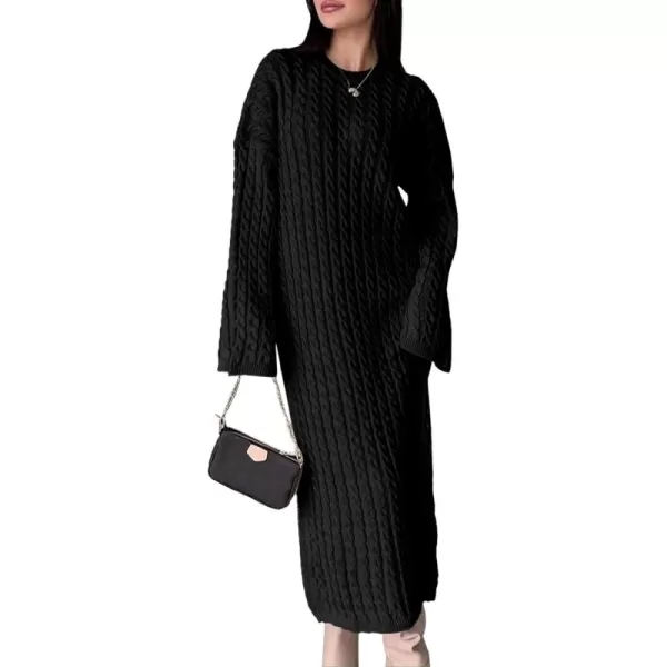 imageSaodimallsu Womens Oversized Cable Knit Sweater Dress Drop Shoulder Long Sleeve Loose Fall Midi Pullover Sweater DressesBlack