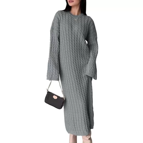 imageSaodimallsu Womens Oversized Cable Knit Sweater Dress Drop Shoulder Long Sleeve Loose Fall Midi Pullover Sweater DressesGrey