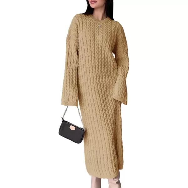 imageSaodimallsu Womens Oversized Cable Knit Sweater Dress Drop Shoulder Long Sleeve Loose Fall Midi Pullover Sweater DressesKhaki