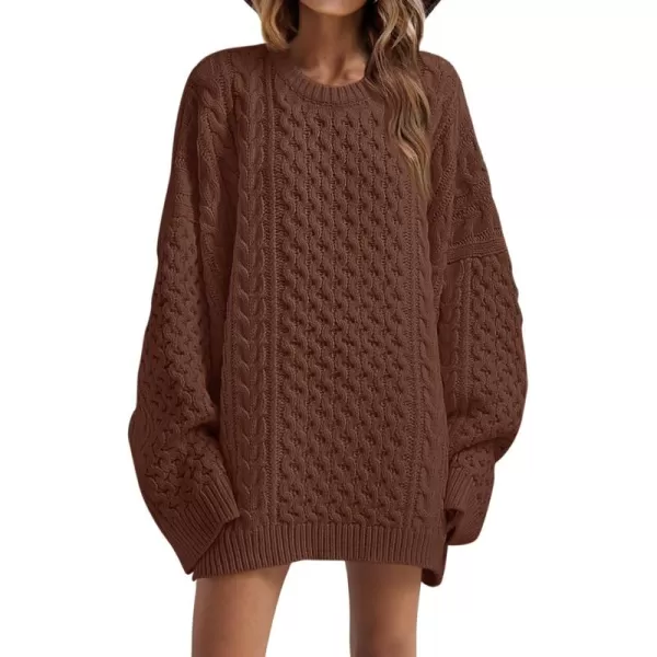 imageSaodimallsu Womens Oversized Sweaters Chunky Cable Knit Crewneck Long Sleeve Loose Tunic Sweater TopsBrown