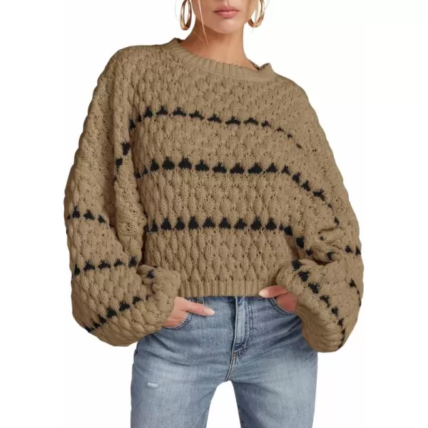 imageSaodimallsu Womens Oversized Sweaters Striped Long Lantern Sleeve Crew Neck Fall Trendy Knit Pullover SweaterBrown