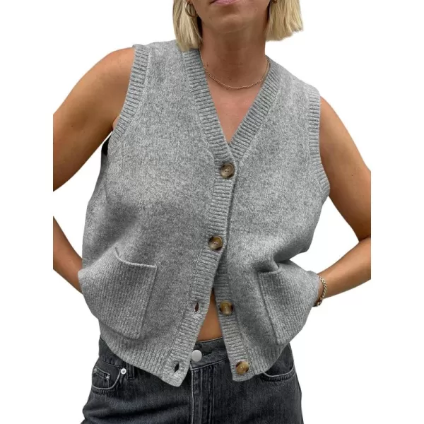 imageSaodimallsu Womens Sleeveless Sweater Vest Button V Neck Knit Trendy Casual Summer Cardigan with PocketsGrey