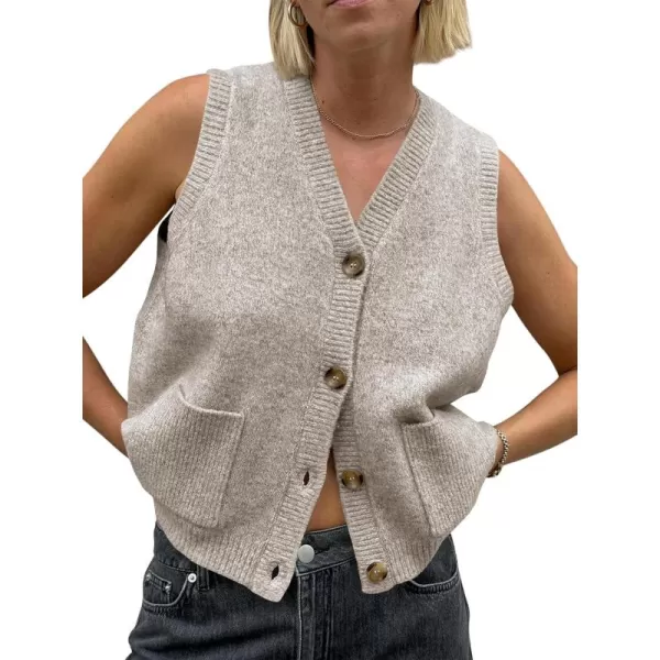 imageSaodimallsu Womens Sleeveless Sweater Vest Button V Neck Knit Trendy Casual Summer Cardigan with PocketsKhaki