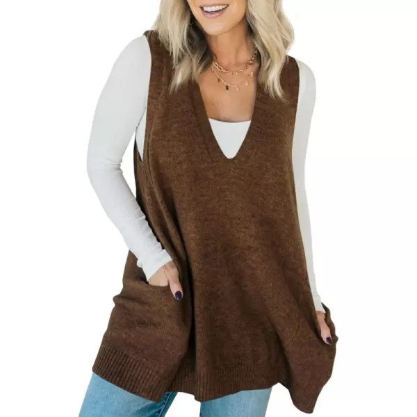 imageSaodimallsu Womens Sleeveless Sweater Vest V Neck Loose Knit Casual A Line Flattering Tunic Top with PocketsBrown