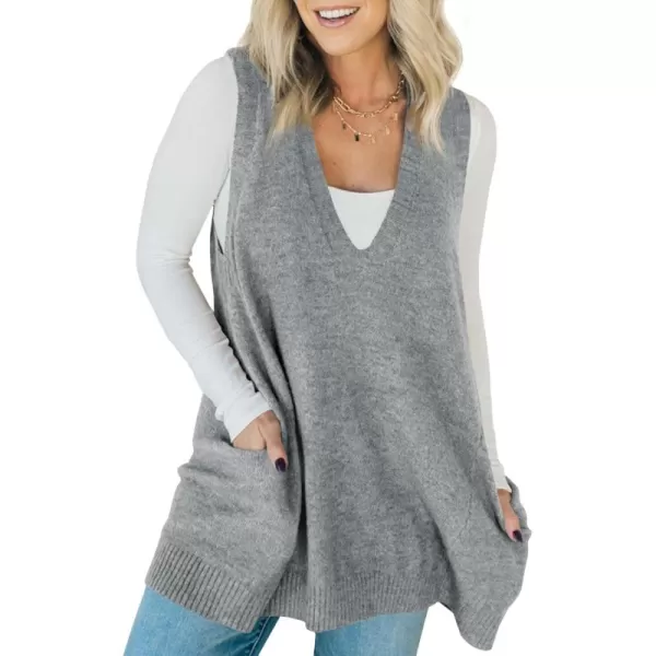 imageSaodimallsu Womens Sleeveless Sweater Vest V Neck Loose Knit Casual A Line Flattering Tunic Top with PocketsGrey