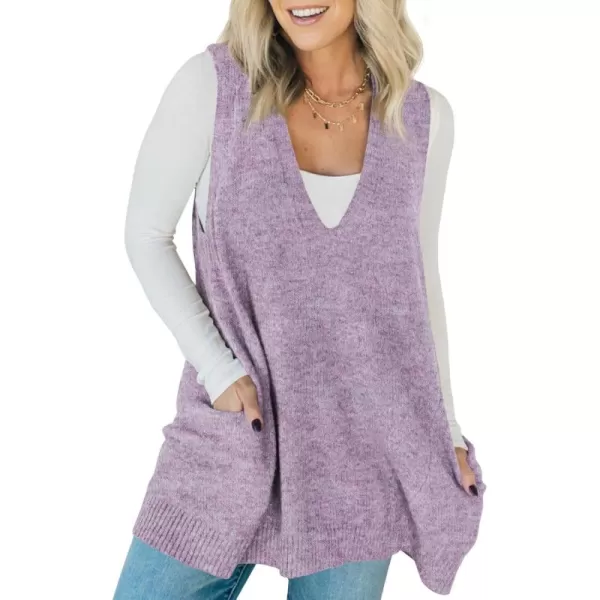 imageSaodimallsu Womens Sleeveless Sweater Vest V Neck Loose Knit Casual A Line Flattering Tunic Top with PocketsPurple