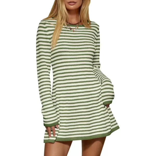 imageSaodimallsu Womens Striped Pullover Sweater Crew Neck Fall Long Sleeve Trendy Casual Ribbed Knit Tunic Mini DressArmy Green