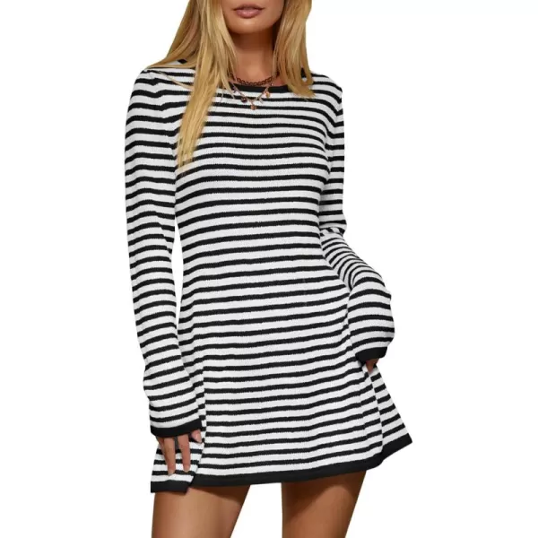 imageSaodimallsu Womens Striped Pullover Sweater Crew Neck Fall Long Sleeve Trendy Casual Ribbed Knit Tunic Mini DressBlack