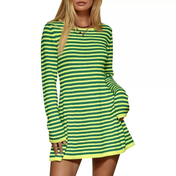 imageSaodimallsu Womens Striped Pullover Sweater Crew Neck Fall Long Sleeve Trendy Casual Ribbed Knit Tunic Mini DressGreen