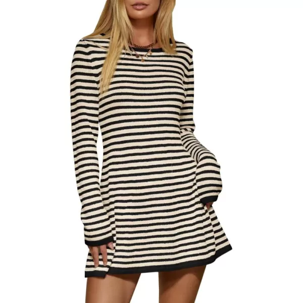 imageSaodimallsu Womens Striped Pullover Sweater Crew Neck Fall Long Sleeve Trendy Casual Ribbed Knit Tunic Mini DressLight Khaki