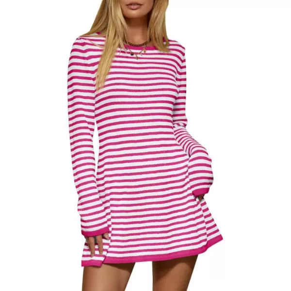 imageSaodimallsu Womens Striped Pullover Sweater Crew Neck Fall Long Sleeve Trendy Casual Ribbed Knit Tunic Mini DressRose Red