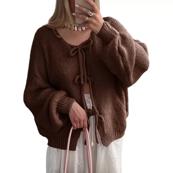 imageSaodimallsu Womens Tie Front Cardigan Sweaters Cute Bow Puff Long Sleeve 2024 Fall Loose Ribbed Knit Trendy Sweater TopsBrown