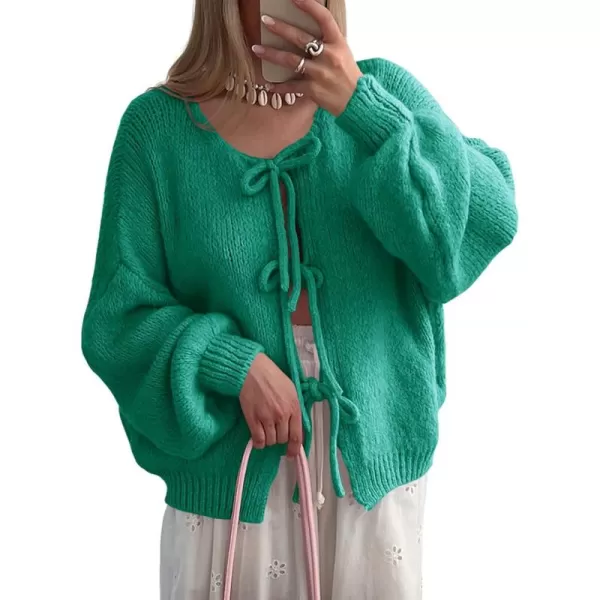 imageSaodimallsu Womens Tie Front Cardigan Sweaters Cute Bow Puff Long Sleeve 2024 Fall Loose Ribbed Knit Trendy Sweater TopsGreen