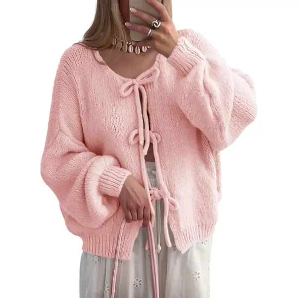 imageSaodimallsu Womens Tie Front Cardigan Sweaters Cute Bow Puff Long Sleeve 2024 Fall Loose Ribbed Knit Trendy Sweater TopsPink