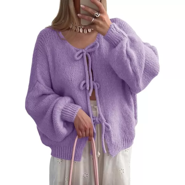 imageSaodimallsu Womens Tie Front Cardigan Sweaters Cute Bow Puff Long Sleeve 2024 Fall Loose Ribbed Knit Trendy Sweater TopsPurple