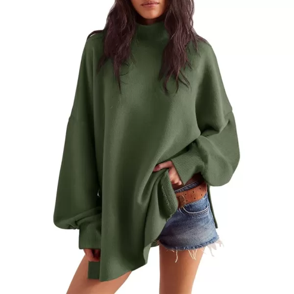 imageSaodimallsu Womens Turtleneck Oversized Sweaters Puff Sleeve Side Slit Casual Knit Tunic Pullover TopsArmy Green