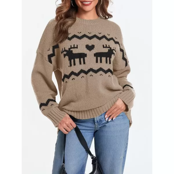 imageSaodimallsu Womens Oversized Christmas Sweaters Crewneck Chunky Reindeer Knit Long Sleeve Santa Xmas Pullover SweaterKhaki