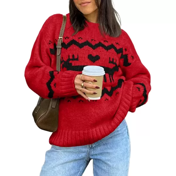 imageSaodimallsu Womens Oversized Christmas Sweaters Crewneck Chunky Reindeer Knit Long Sleeve Santa Xmas Pullover SweaterRed