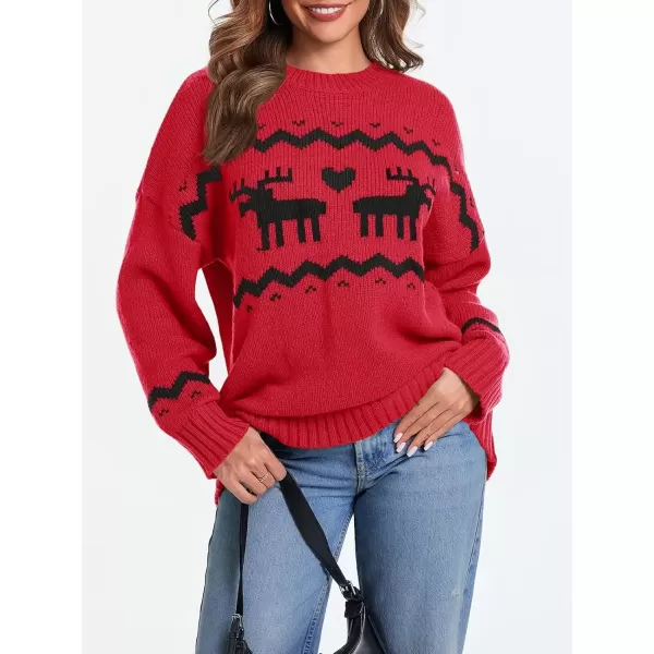 imageSaodimallsu Womens Oversized Christmas Sweaters Crewneck Chunky Reindeer Knit Long Sleeve Santa Xmas Pullover SweaterRed