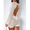 imageSaodimallsu Womens Crochet Swimsuit Cover Up Long Sleeve Crewneck Backless Hot Shot Romper Hollow Out Bodycon Short JumpsuitApricot