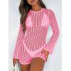 imageSaodimallsu Womens Crochet Swimsuit Cover Up Long Sleeve Crewneck Backless Hot Shot Romper Hollow Out Bodycon Short JumpsuitPink