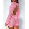 imageSaodimallsu Womens Crochet Swimsuit Cover Up Long Sleeve Crewneck Backless Hot Shot Romper Hollow Out Bodycon Short JumpsuitPink