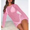 imageSaodimallsu Womens Crochet Swimsuit Cover Up Long Sleeve Crewneck Backless Hot Shot Romper Hollow Out Bodycon Short JumpsuitPink