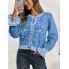 imageSaodimallsu Womens Cropped Cardigan Striped Puff Ruffle Sleeve Cute Graphic Button Bow Knitted Sweater OuterwearBlue